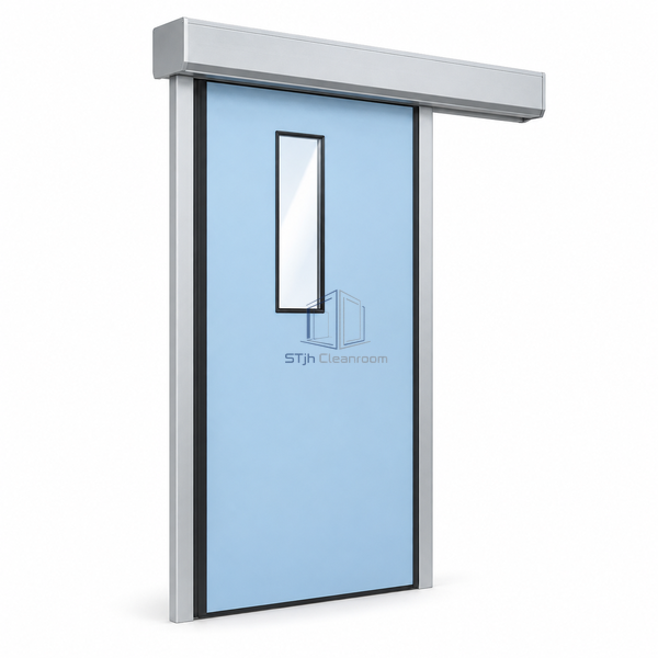 STjh medical automatic door featuring a tall narrow vision panel in its smooth leaf on a white background.