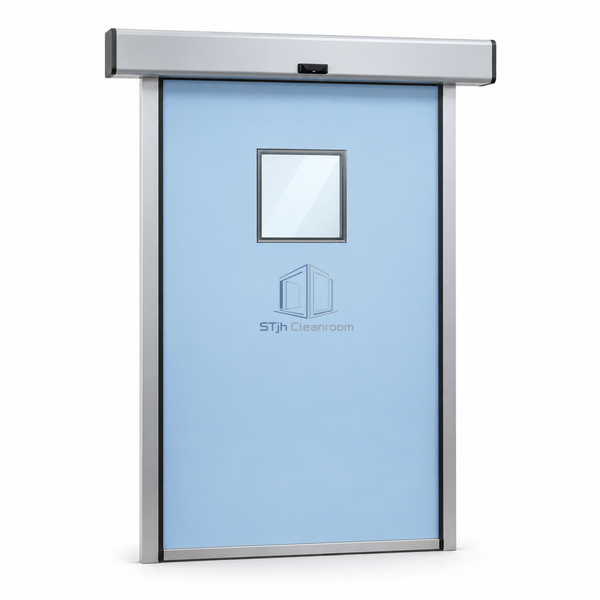 STjh automatic medical sliding door with a small square observation window and overhead operator on white.