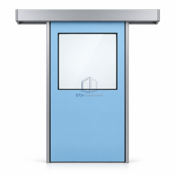 STjh automatic hermetic medical door with a broad square vision window and silver overhead housing on white.