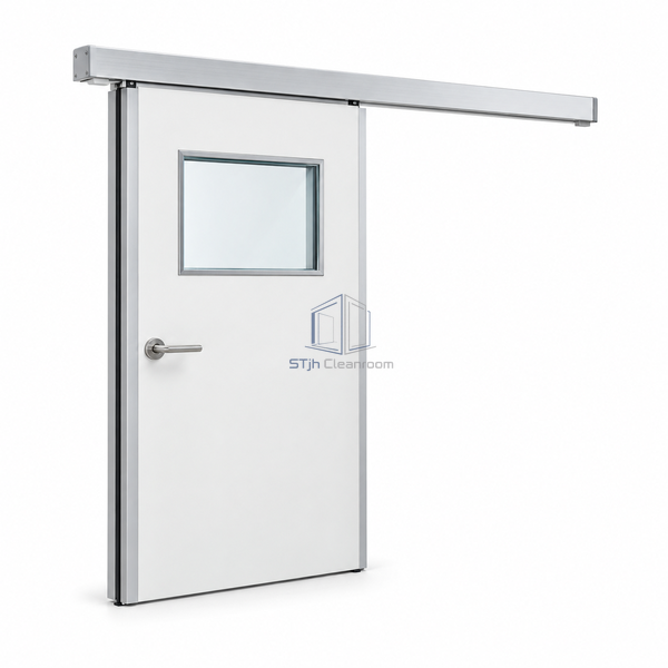 STjh manual HPL medical hermetic door on white with a pale laminate face, rectangular observation panel and stainless lever handle.