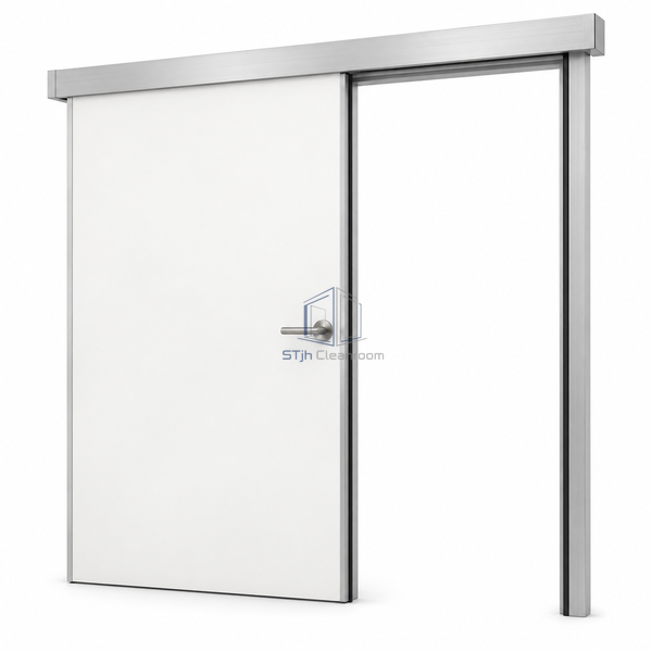 STjh solid-mineral-surface manual medical door on white with an opaque pale face, aluminum edge profiles and stainless lever.