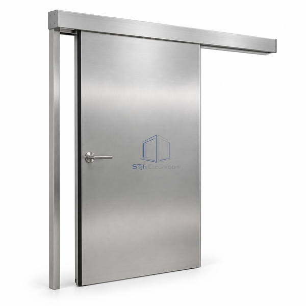 STjh manual stainless medical hermetic door on white with an opaque brushed-metal blade, slim aluminum rail and lever handle.