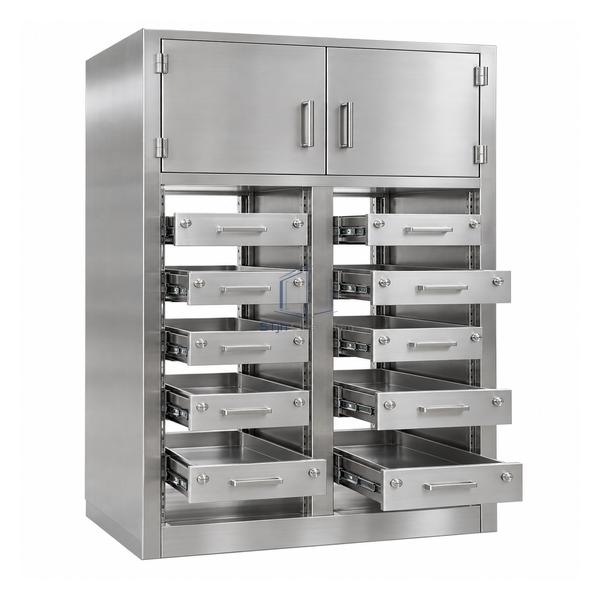 STjh full-height 36 by 30 by 84 inch medical pass-through cabinet with dual columns of two-way drawers