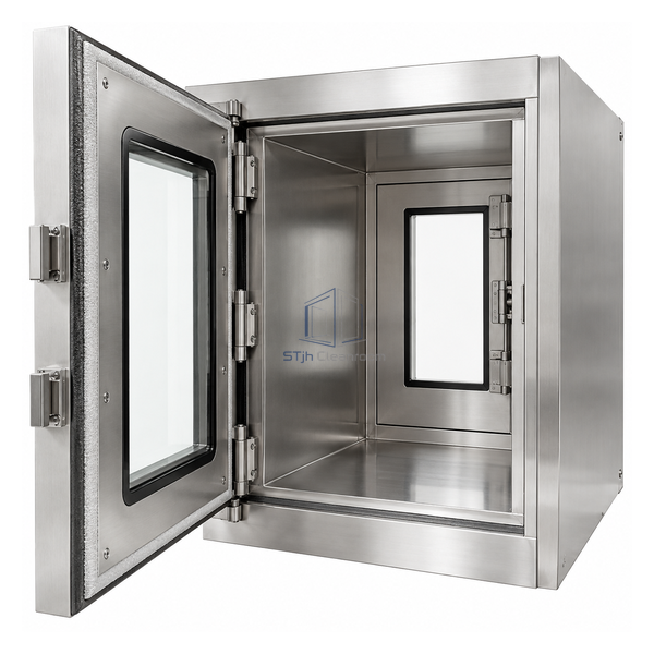 STjh fire-rated 24 by 36 by 36 inch medical pass box with ceramic-glass door and double-wall stainless body