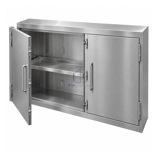 STjh wide shallow 66 by 16 by 36 inch operating-room transfer console with double doors and tray shelf