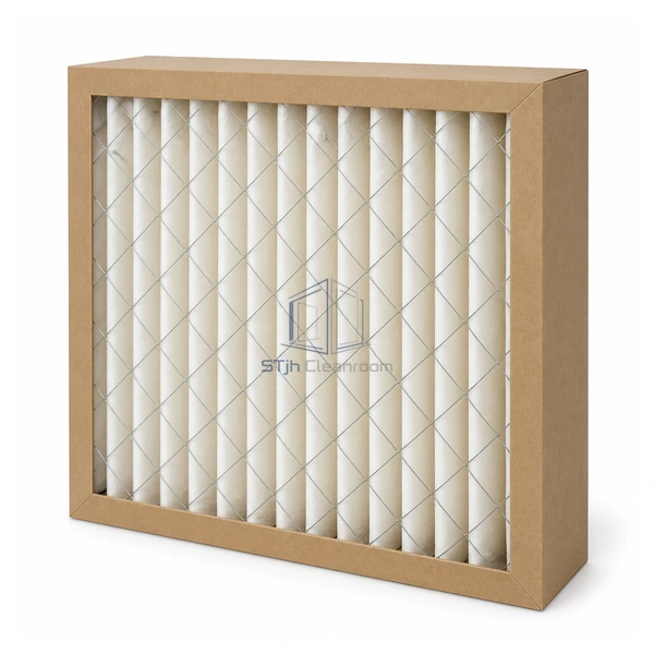 STJH-MEDIUM-PLEATED-PANEL-MERV11-100 kraft-frame pleated panel filter with wire support grid on a white background