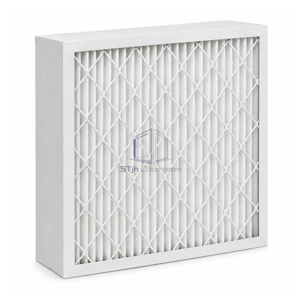 STJH-MEDIUM-PLEATED-PANEL-MERV14-100 white-frame pleated panel filter with white support grid on a white background