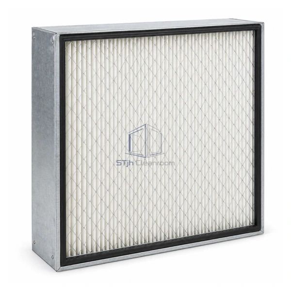 STJH-MEDIUM-PLEATED-PANEL-MERV15-100 galvanized pleated panel filter with black gasket on a white background
