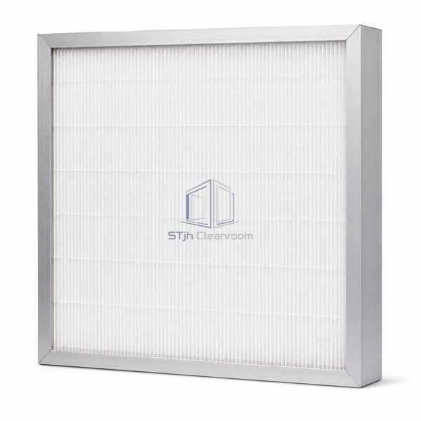 STJH-MINI-PLEAT-HEPA-H13-53 slim aluminum HEPA panel with fine white pleats on white