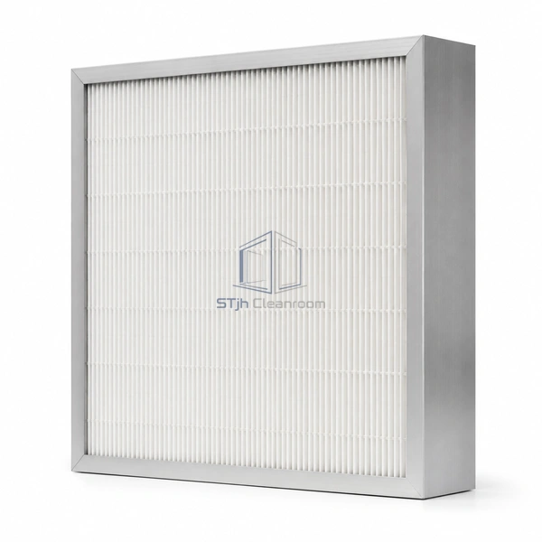 STJH-MINI-PLEAT-HEPA-H14-100 deep aluminum mini-pleat panel on a white background
