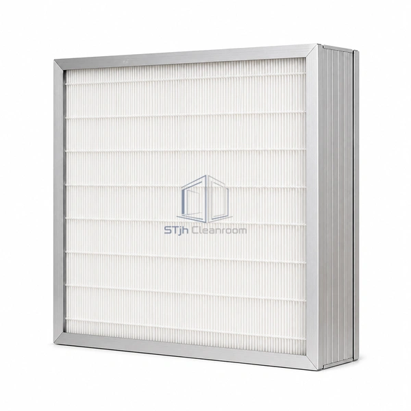 STJH-MINI-PLEAT-HEPA-H14-70 aluminum mini-pleat filter showing its extruded side frame on white