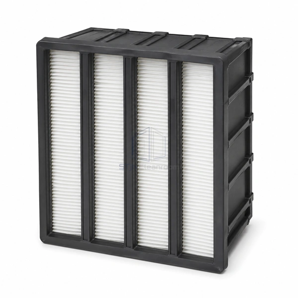 STJH-MINI-PLEAT-MEDIUM-FILTER-592X490-EPM1 rectangular black mini-pleat medium filter on a white background