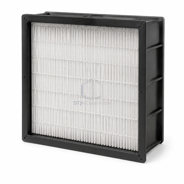 STJH-MINI-PLEAT-MEDIUM-FILTER-592X592-EPM1 full-square black mini-pleat medium filter on a white background