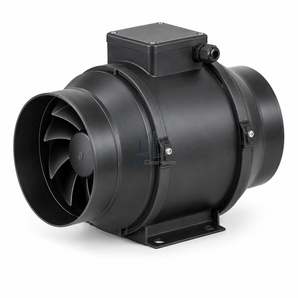 STjh 160 mm EC mixed-flow inline fan with a compact polypropylene body and small duct spigots on white.