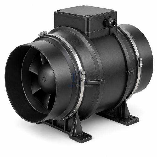 STjh 200 mm EC mixed-flow inline fan with a wider polypropylene casing and mounting bracket on white.