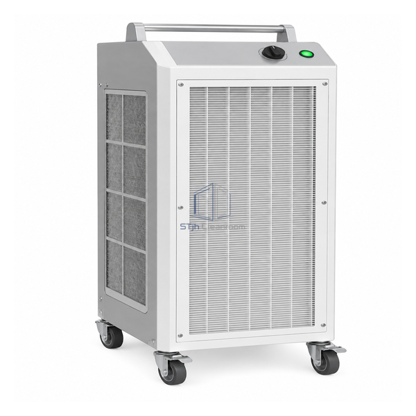 STjh compact 500 CFM mobile cleanroom purifier with front HEPA grille, side prefilter and four casters