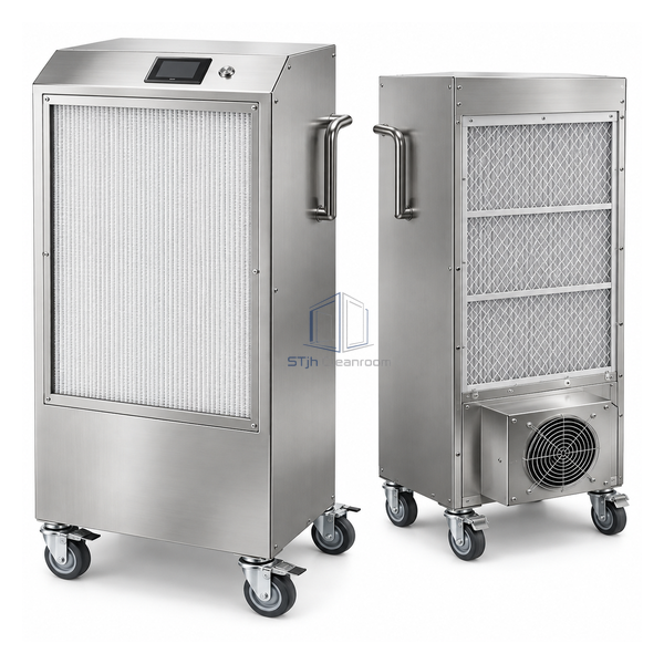 STjh 750 CFM mobile cleanroom purifier with broad HEPA outlet, MERV 7 prefilter and push handle