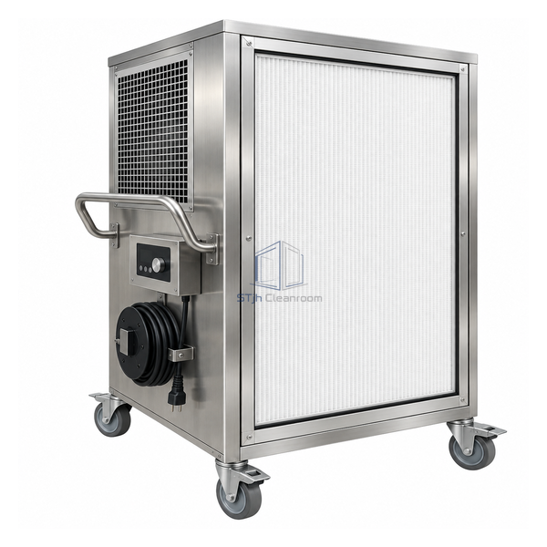 STjh 1100 CFM mobile recirculating FFU with rear intake, forward HEPA discharge and stainless caster cart