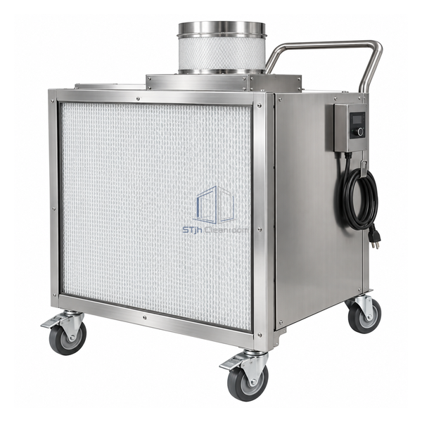 STjh 1100 CFM reverse-flow mobile FFU with front intake face and top filtered-air duct connection