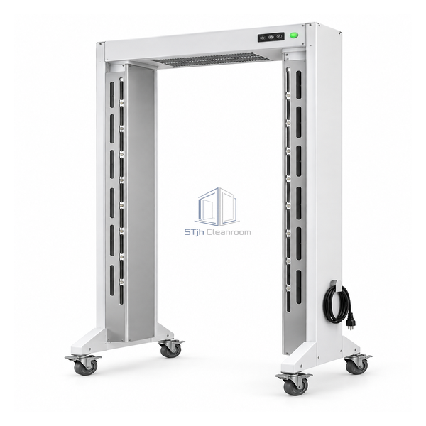 STjh standard mobile ionizing blow-off portal with a narrow doorless opening, twin air columns and lockable casters