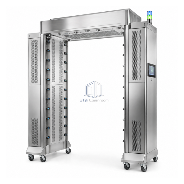 STjh ultra-clean mobile ionizing portal with sealed HEPA top plenum and enclosed stainless filtration towers