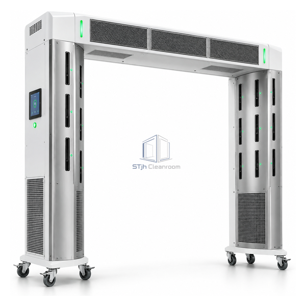 STjh wide mobile ionizing blow-off portal with a broad cart opening, large side towers and six casters