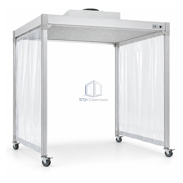 STjh compact 4 by 4 foot mobile laminar-flow hood with one HEPA unit, vinyl sidewalls and caster frame