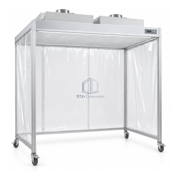 STjh 6 by 4 foot mobile laminar-flow hood with twin HEPA units, open front and anti-static vinyl walls