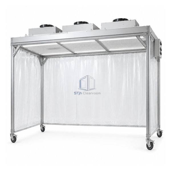 STjh large 8 by 4 foot mobile laminar-flow hood with three roof HEPA units and reinforced caster frame