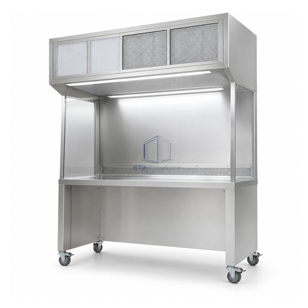 STjh medium 1015 mm mobile laminar workstation with dual H14 roof sections and stainless caster chassis