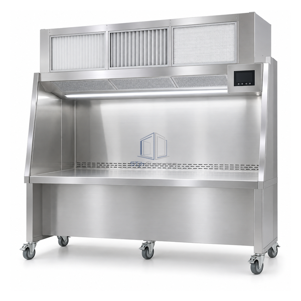 STjh wide 1320 mm mobile laminar workstation with segmented H14 ceiling, LED light and six locking casters