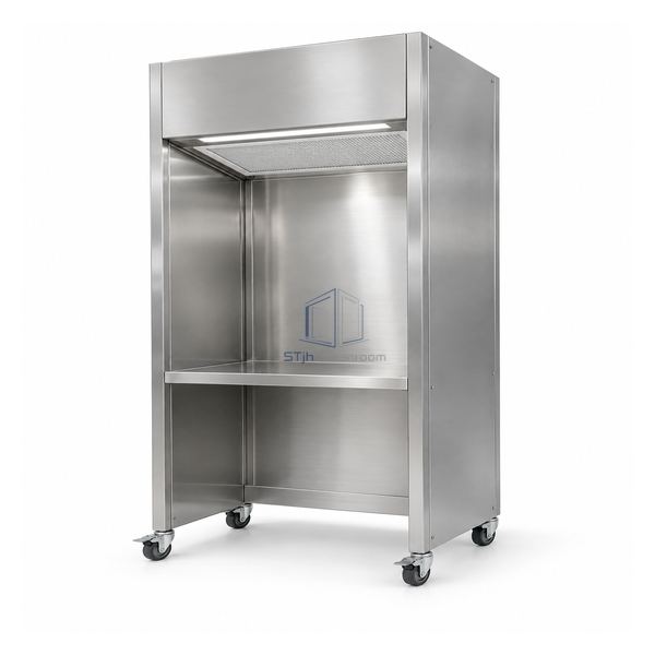 STjh compact 710 mm mobile laminar workstation with insulated stainless walls, H14 roof filter and locking casters
