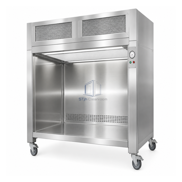 STjh medium 1000 mm double-wall stainless sampling booth with supply-exhaust HEPA stages and casters