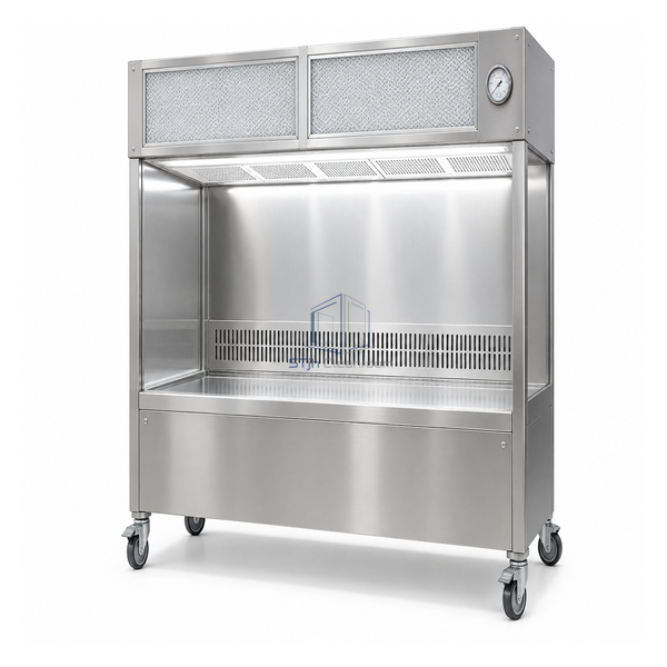 STjh wide 1200 mm stainless mobile sampling booth with two-section EU13 roof filter and LED work light