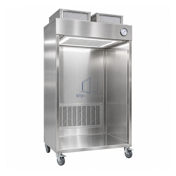 STjh compact 800 mm stainless mobile sampling booth with EU13 roof filter, pressure gauge and four casters