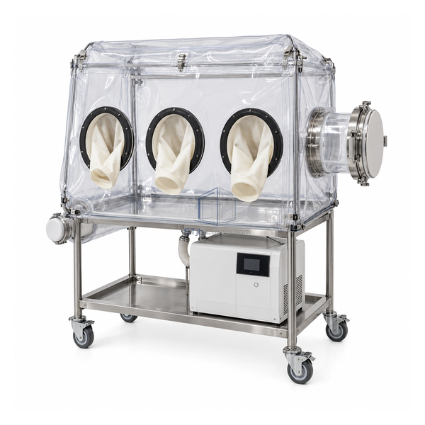 STjh three-glove mobile softwall transfer isolator on a caster frame