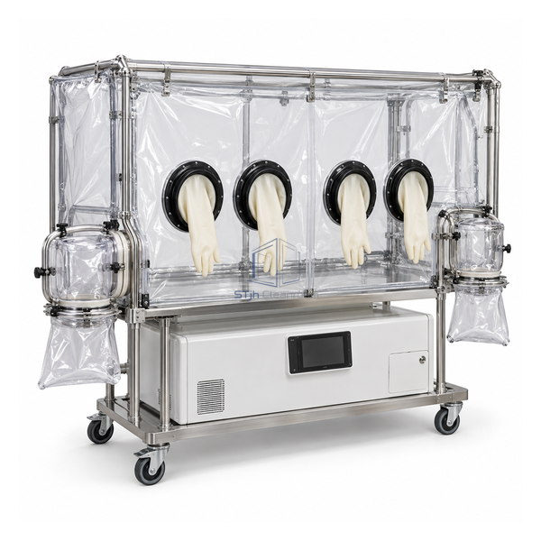 STjh four-glove mobile softwall isolator with a wide flexible chamber