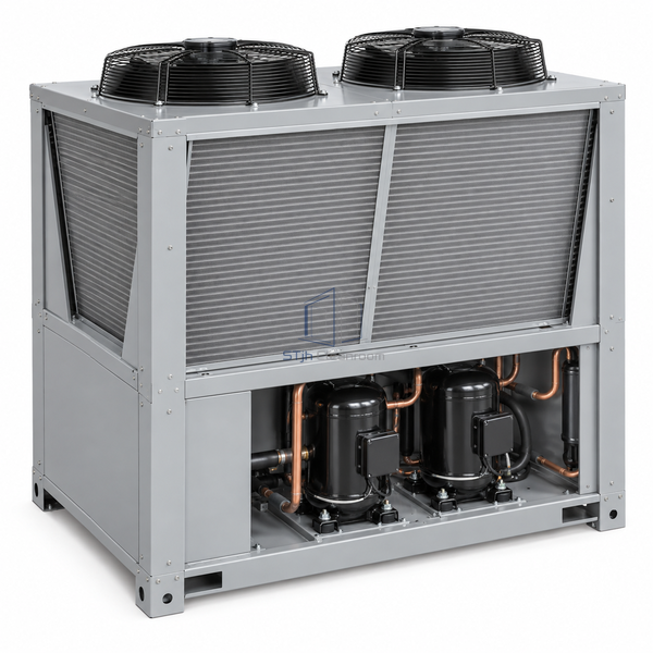 STjh 10-ton modular air-cooled scroll chiller with two condenser fans and tandem scroll compressors on white.