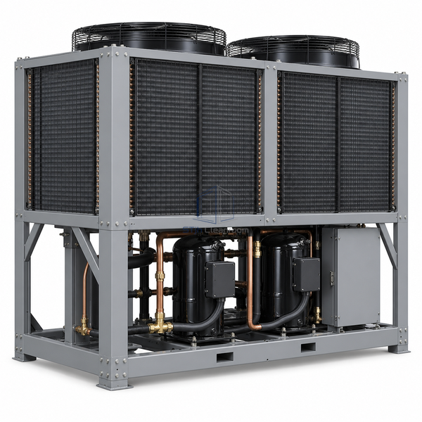 STjh 30-ton modular air-cooled scroll chiller with two large fans and four tall coil sections on white.