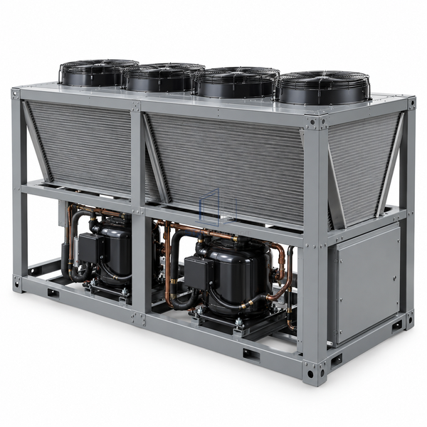 STjh 60-ton modular air-cooled scroll chiller with four condenser fans and a wide heavy frame on white.