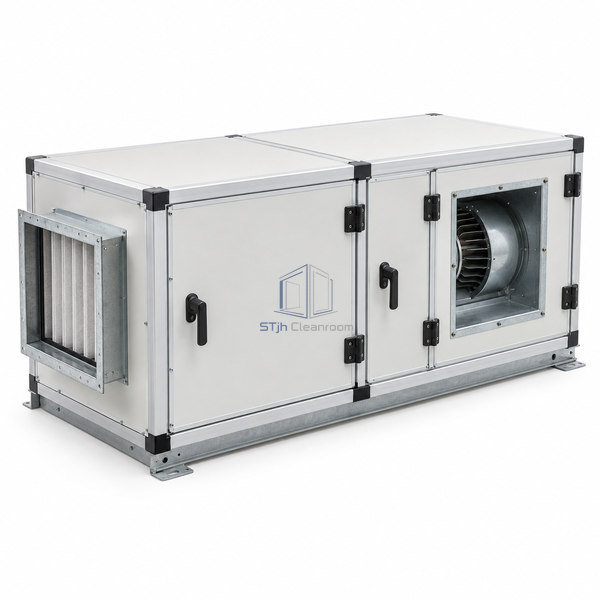 STjh 1082 x 1082 mm modular air handling unit with compact filter and fan modules, three-quarter main view on white.