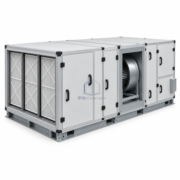 STjh 1681 x 1681 mm modular air handling unit with a three-position filter face, main product view on white.
