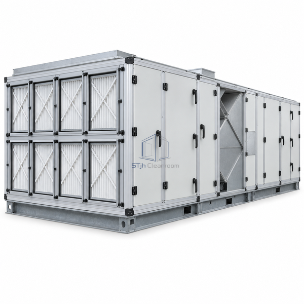 STjh 2482 x 2482 mm modular air handling unit with a broad eight-position filter bank and long modular casing on white.