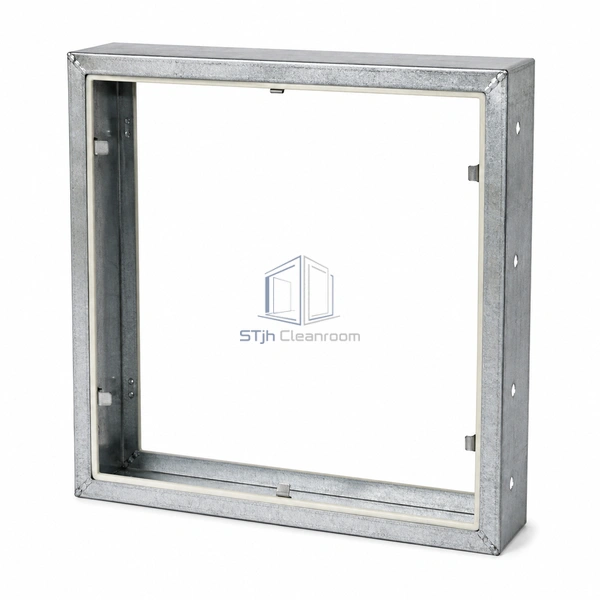 STJH-MODULAR-FILTER-FRAME-610X610 square galvanized holding frame with an open center and snap tabs