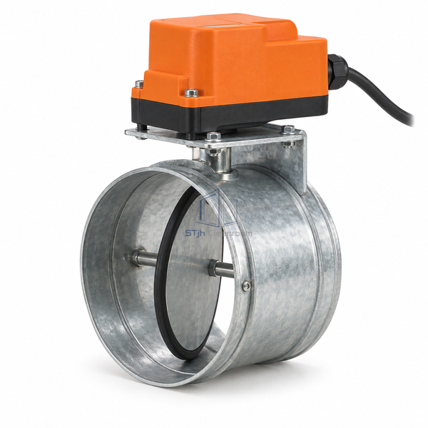 STJH-MOTORIZED-SHUT-OFF-DAMPER-DN100-24V-5NM compact circular body and top-mounted actuator on white