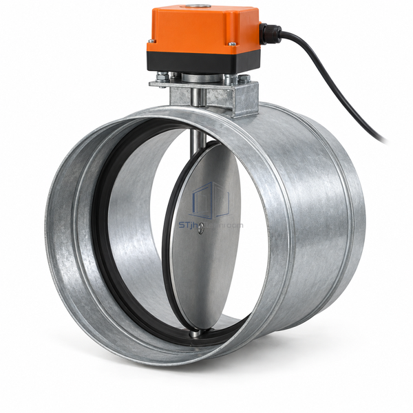 STJH-MOTORIZED-SHUT-OFF-DAMPER-DN250-230V-5NM medium round damper and mounted drive on white