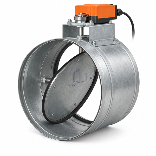 STJH-MOTORIZED-SHUT-OFF-DAMPER-DN400-24V-10NM large disc damper with raised actuator platform on white