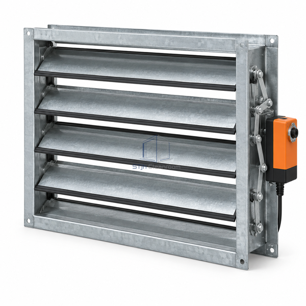 STJH-MOTORIZED-VOLUME-CONTROL-DAMPER-1000X840-20NM white-background main image showing medium-large blade bank and side motor