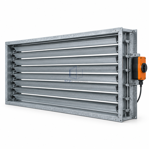 STJH-MOTORIZED-VOLUME-CONTROL-DAMPER-1800X1170-40NM white-background main view of wide trunk damper with external linkage