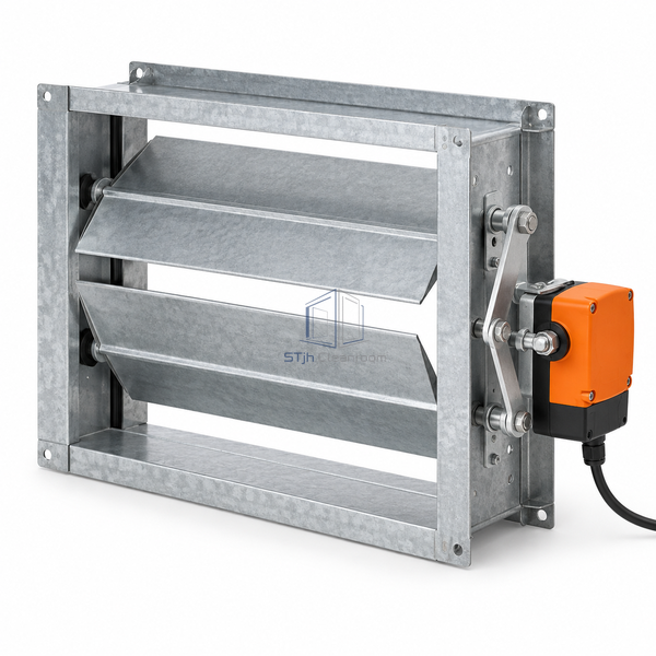 STJH-MOTORIZED-VOLUME-CONTROL-DAMPER-400X345-10NM white-background main view of compact opposed blades and rotary drive
